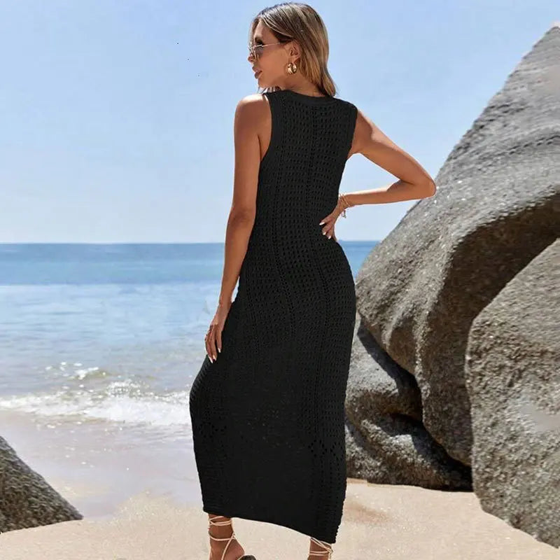 S - XL 2025 V Neck Hollow Out Crochet Knitted Tunic Beach Cover Up Long Cover-ups Beach Dress Beach Wear Beachwear Female Women
