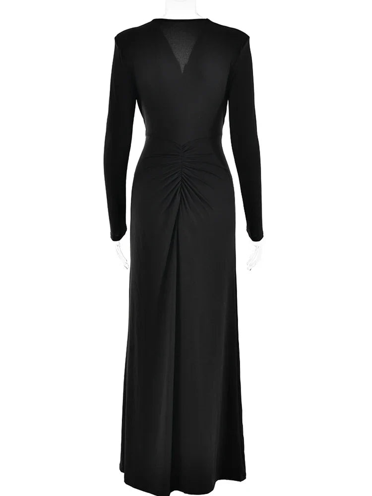 Ahagaga Fashion Sexy Elegant Maxi Dresses Streetwear V-neck Casual Solid High Split Long Sleeve Slim Sheath Party Women Vestidos