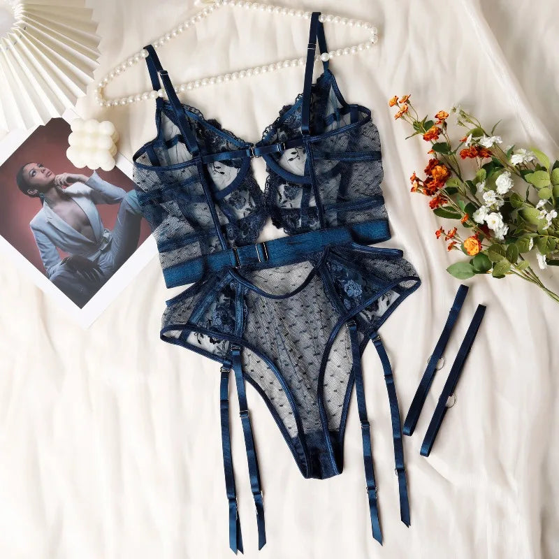 Toucheart Lace Sexy Skinny Babydoll Bodysuit Embroidery Erotic Private Adult Suit Solid Color Patchwork High Waisted Sexy Set