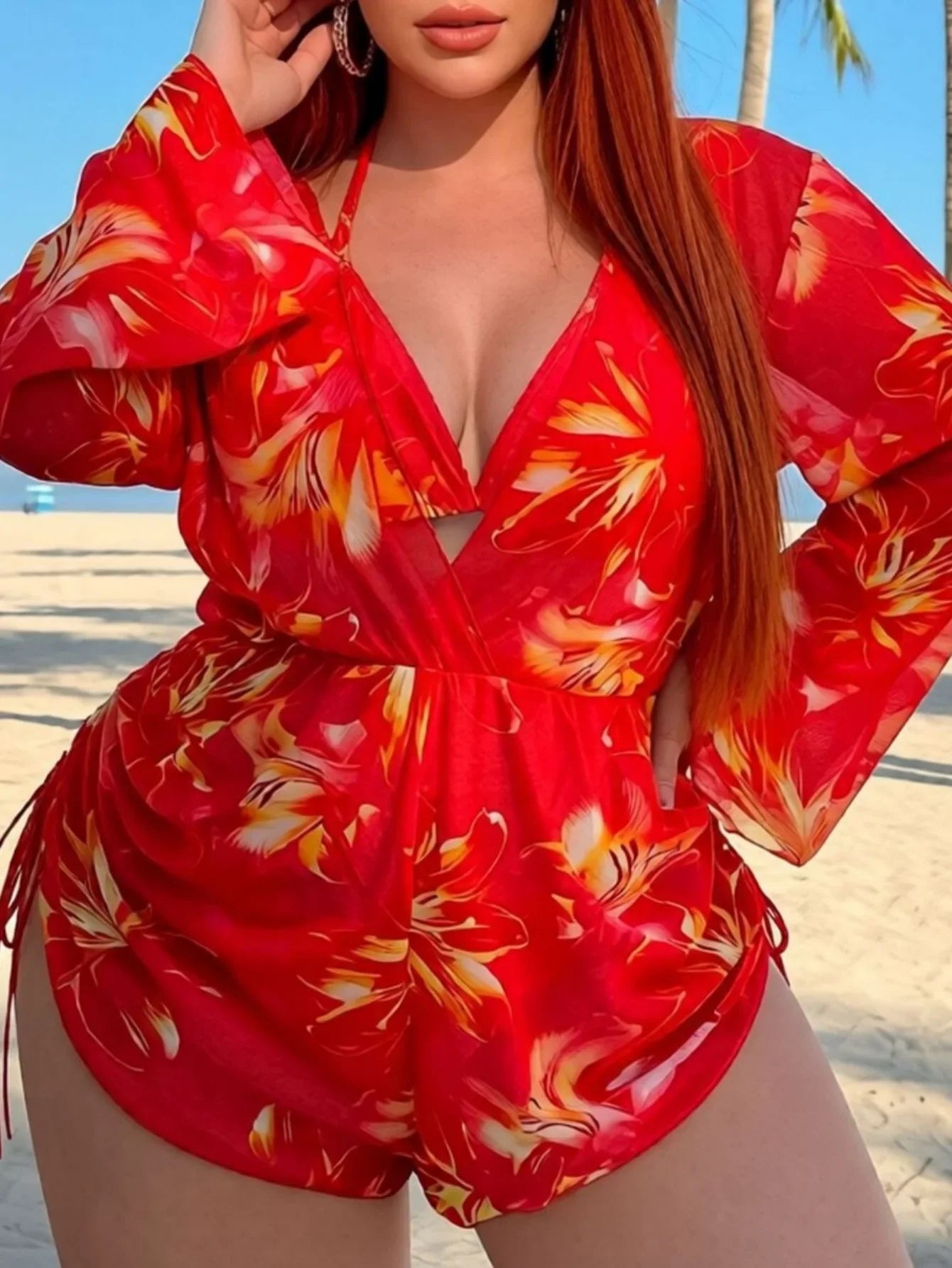 Red Floral Print Tankini Set 2026 Women Long Sleeve Drawstring Cover Up 3 Piece Swimsuit Beach Holiday Bathing Suit Swimwear 4XL