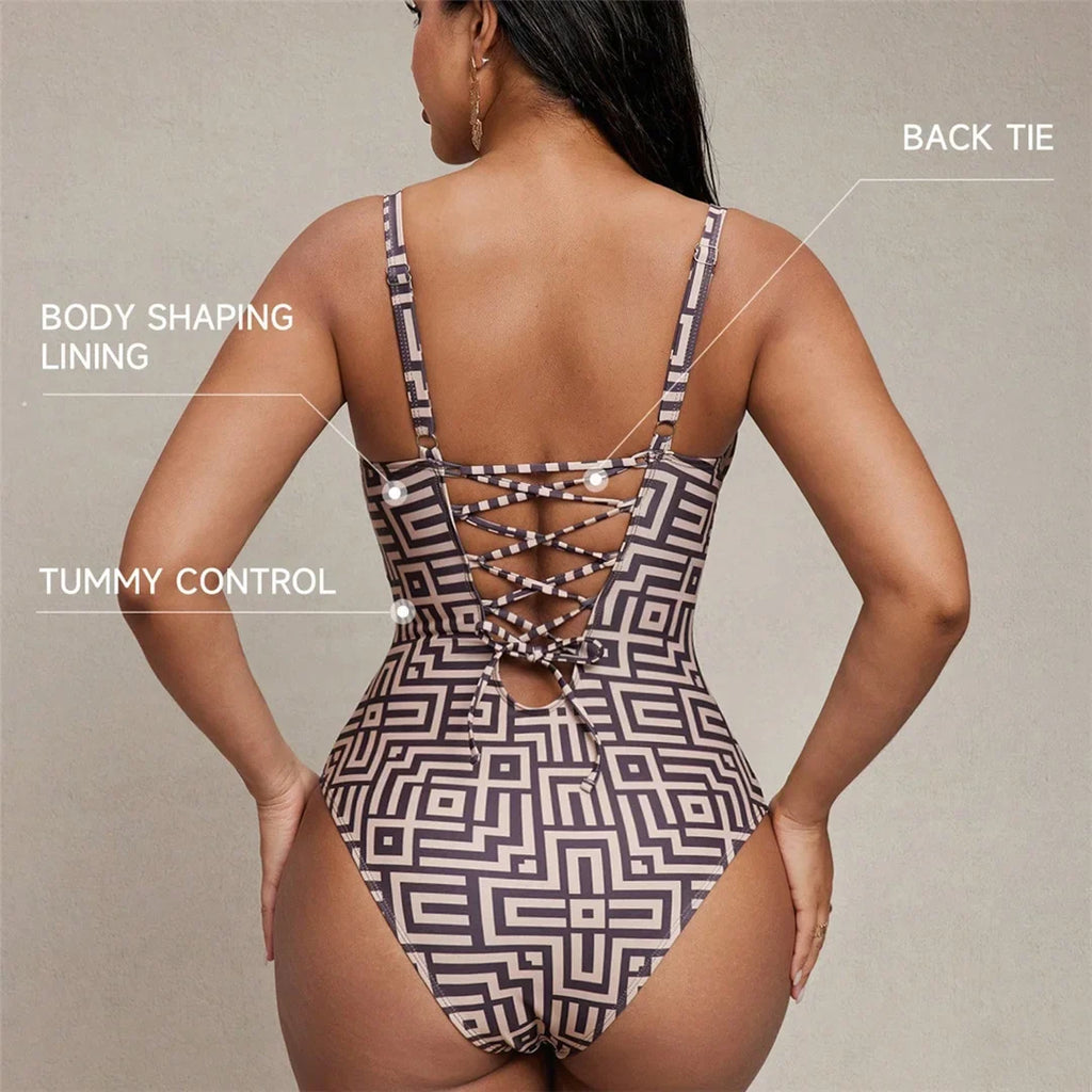 S - XL Printed Underwired V Neck Women Swimwear One Piece Swimsuit Female Lace Up High Leg Cut Bather Bathing Suit Swim V7552