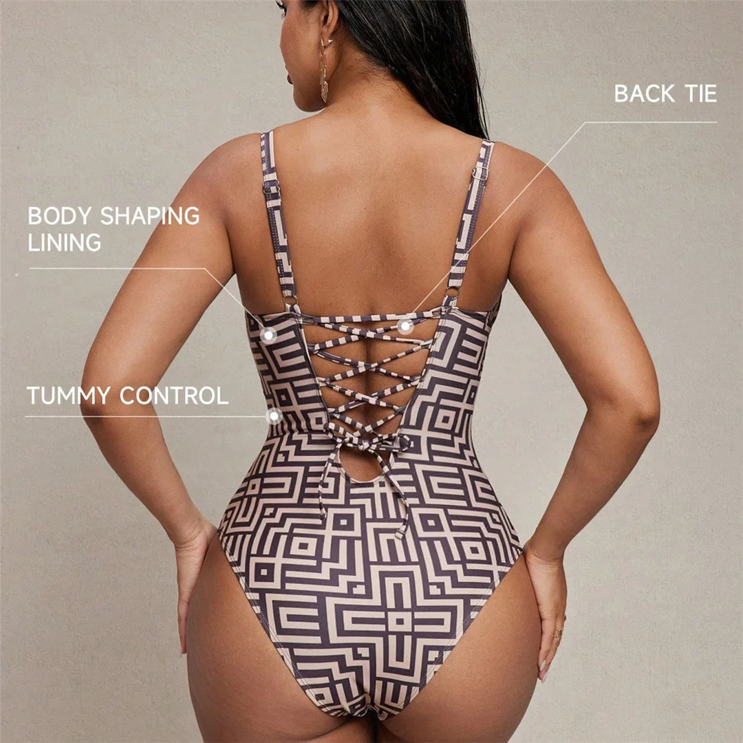 S - XL Printed Underwired V Neck Women Swimwear One Piece Swimsuit Female Lace Up High Leg Cut Bather Bathing Suit Swim V7552