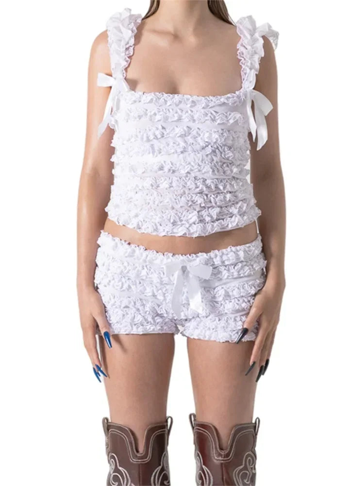 2 Piece Sets Women's Layered Ruffle Lace Sleeveless Vest Tops and Bow Shorts Sets 2024 Summer Casual Gothic Y2K Loungewear