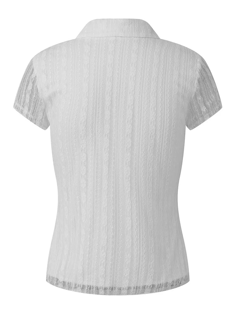 Women White Lace Shirts Solid Color Lapel V Neck Short Sleeve Slim Fit Tops and Blouses Summer Elegant