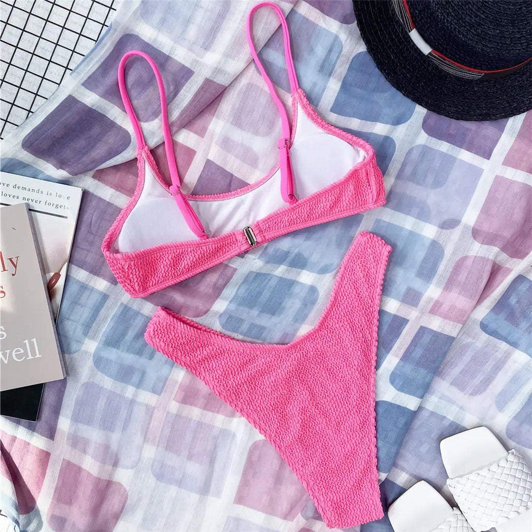 New Sexy Wrinkled Crinkled Bikini Female Swimsuit Women Swimwear Two-Pieces Bikini Set Mid Waist Bather Bathing Suit Swim V3032P