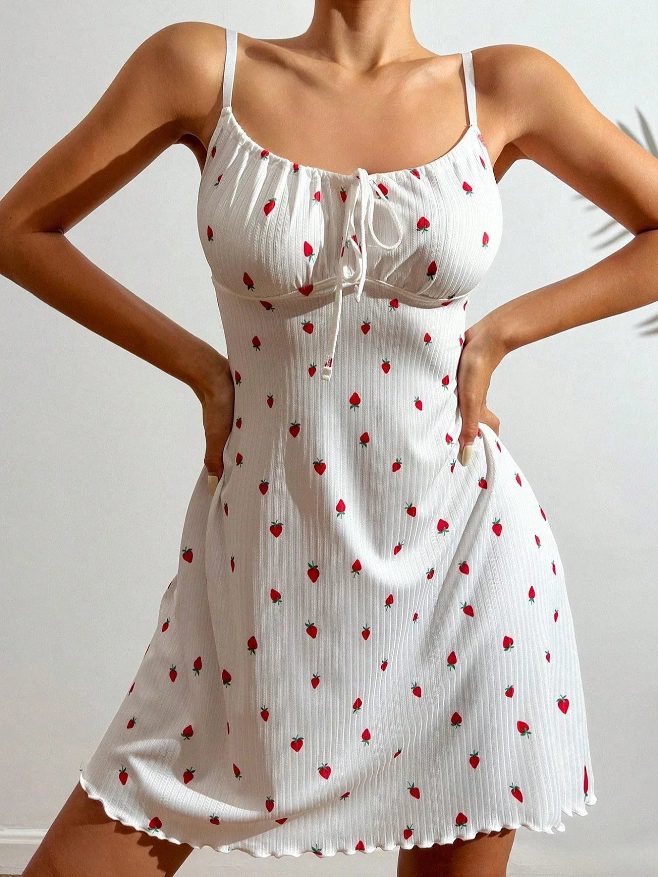 Women Cherry Print Camisole Nightgown, Summer Sleeveless Sleep Dress with Bow Front, Adjustable Straps, Ruffle Hem Home