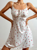 Women’s Heart Print Nightdress Sexy Spaghetti Strap Pajama Dress Sleeveless Lace-Up Cute Slim Fit Sleepwear