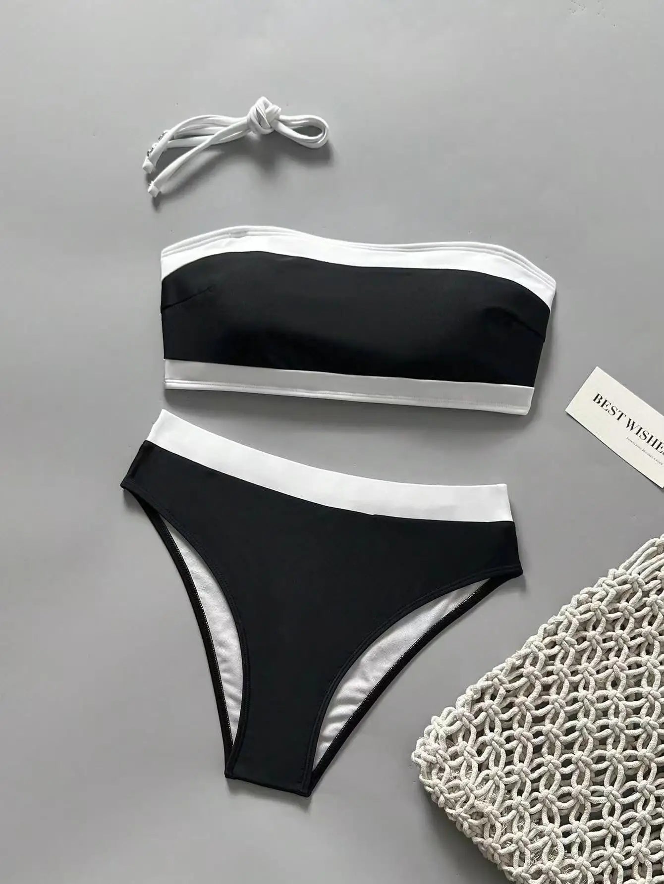 Sexy White Black Patchwork Bikini Set 2026 Women Bandeau Push Up Bra High Waist Swimsuit Beach Bathing Suit Holiday Swimwear