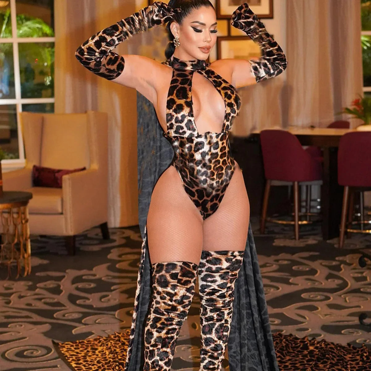 Women Leopard Print Bodysuit With Gloves Leggings Hollow Out Backless Deep V Suspenders Sleeveless Bodysuits Charming Thin 3X4C