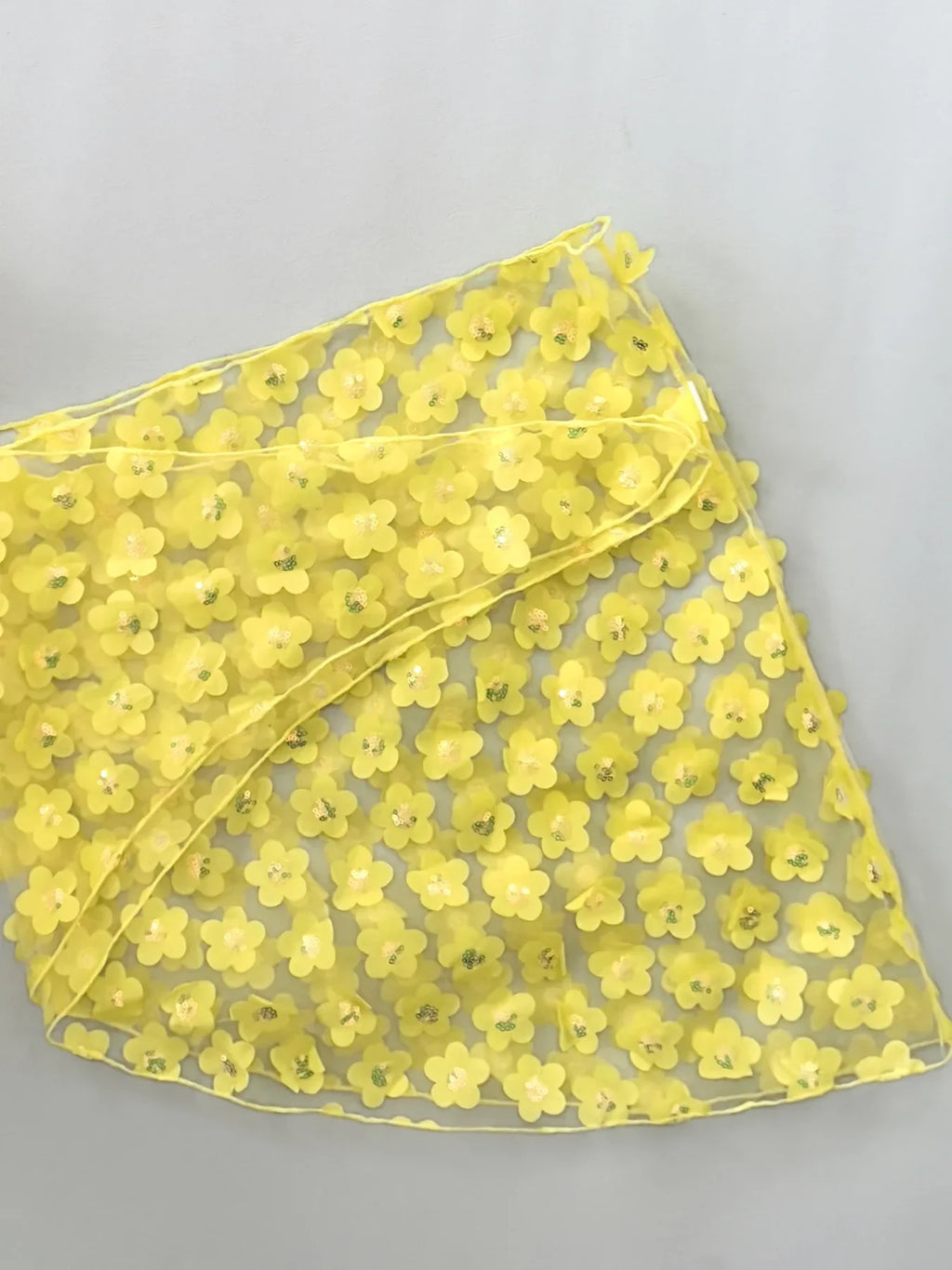Women Yellow flower Bikinis Sets Three Pieces with Perspective Mesh Cover Skirt Halter String Swimsuit Bathing Suit Biquini