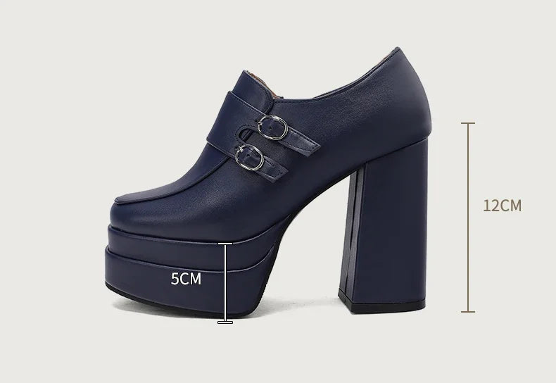 Plus Size Double Row Small Buckle Side Zipper Square Toe Double Layer Platform High Thick Heel Women's Pumps Shallow High Heels