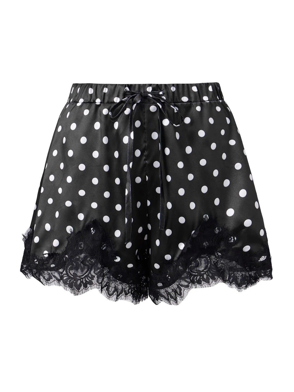 Summer Women's Dots Print Satin Shorts Elastic Waist Loose Lace Trim Hem Short Pants for Daily Casual Lounge Wear