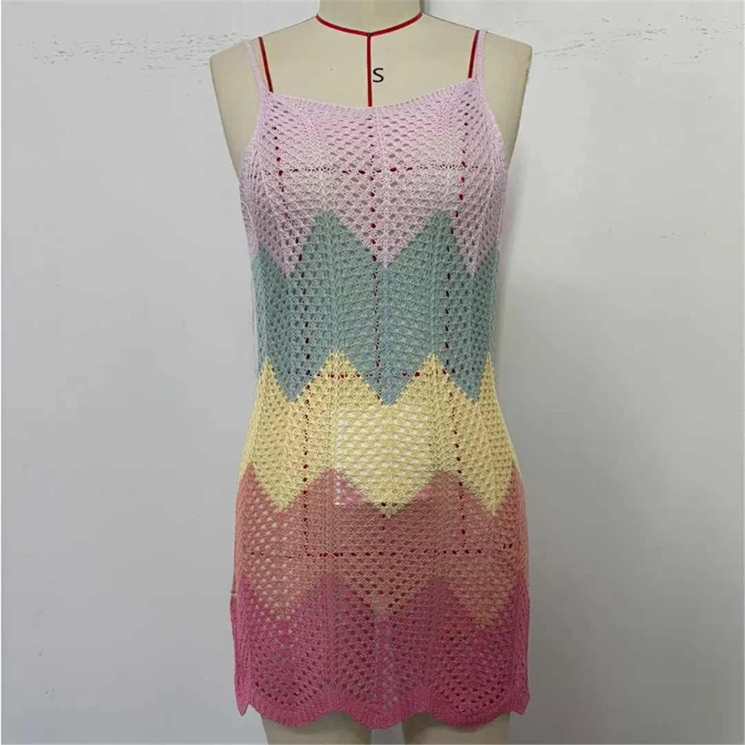 2025 New Colorful Hollow Out Crochet Knitted Tunic Beach Cover Up Cover-ups Beach Dress Beach Wear Beachwear Female Women K6522