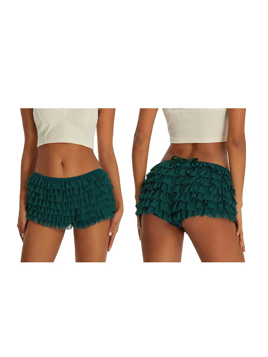 Solid Color Multi-Layer Mesh Short Pants Sweet Cute Bloomers Women Summer Ruffled Frilly Shorts