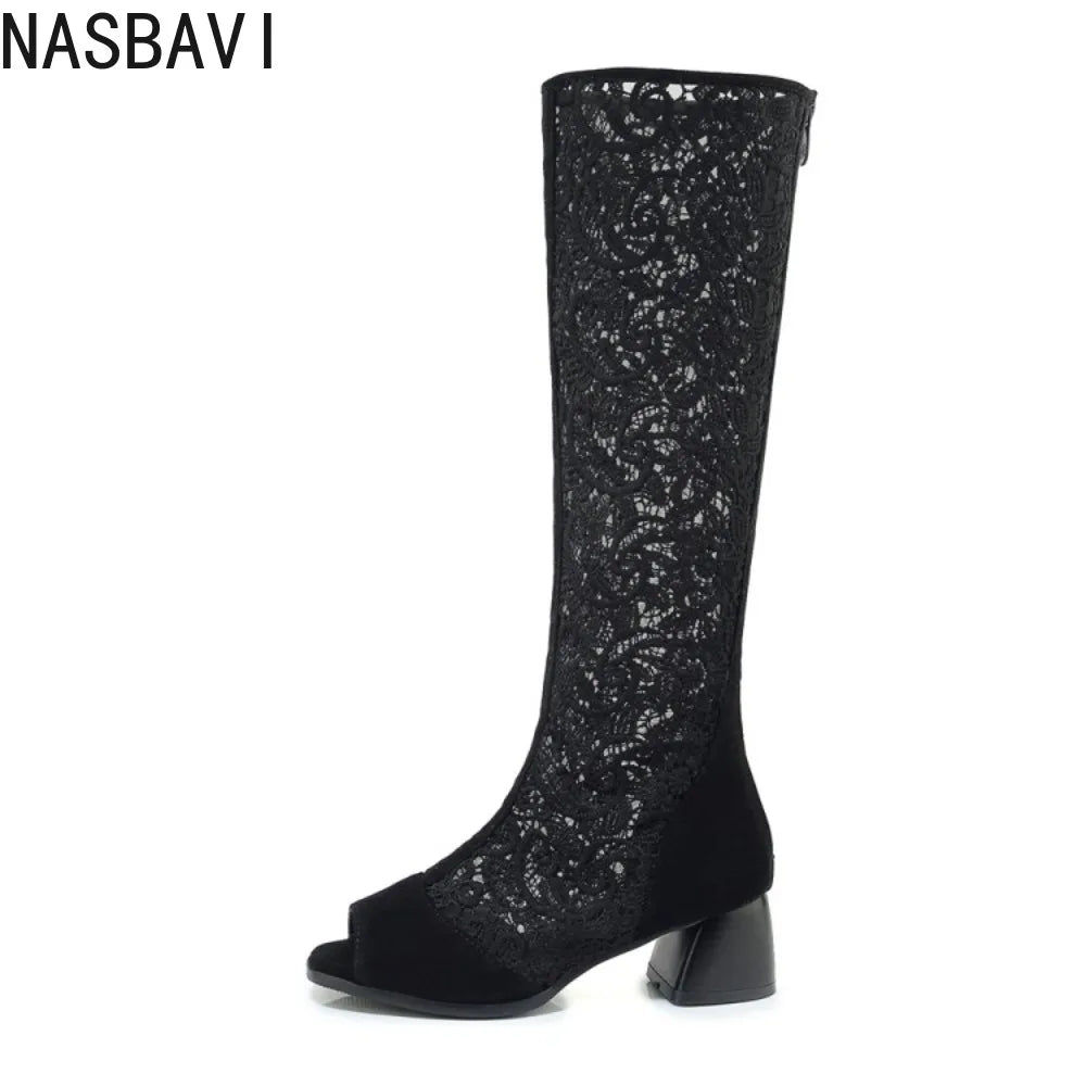 Fashion Women Knee High Boots Square Heel Zipper Sexy Lace Mesh Boots Spring Cool Boots Breathable Women's Shoes Botas De Mujer