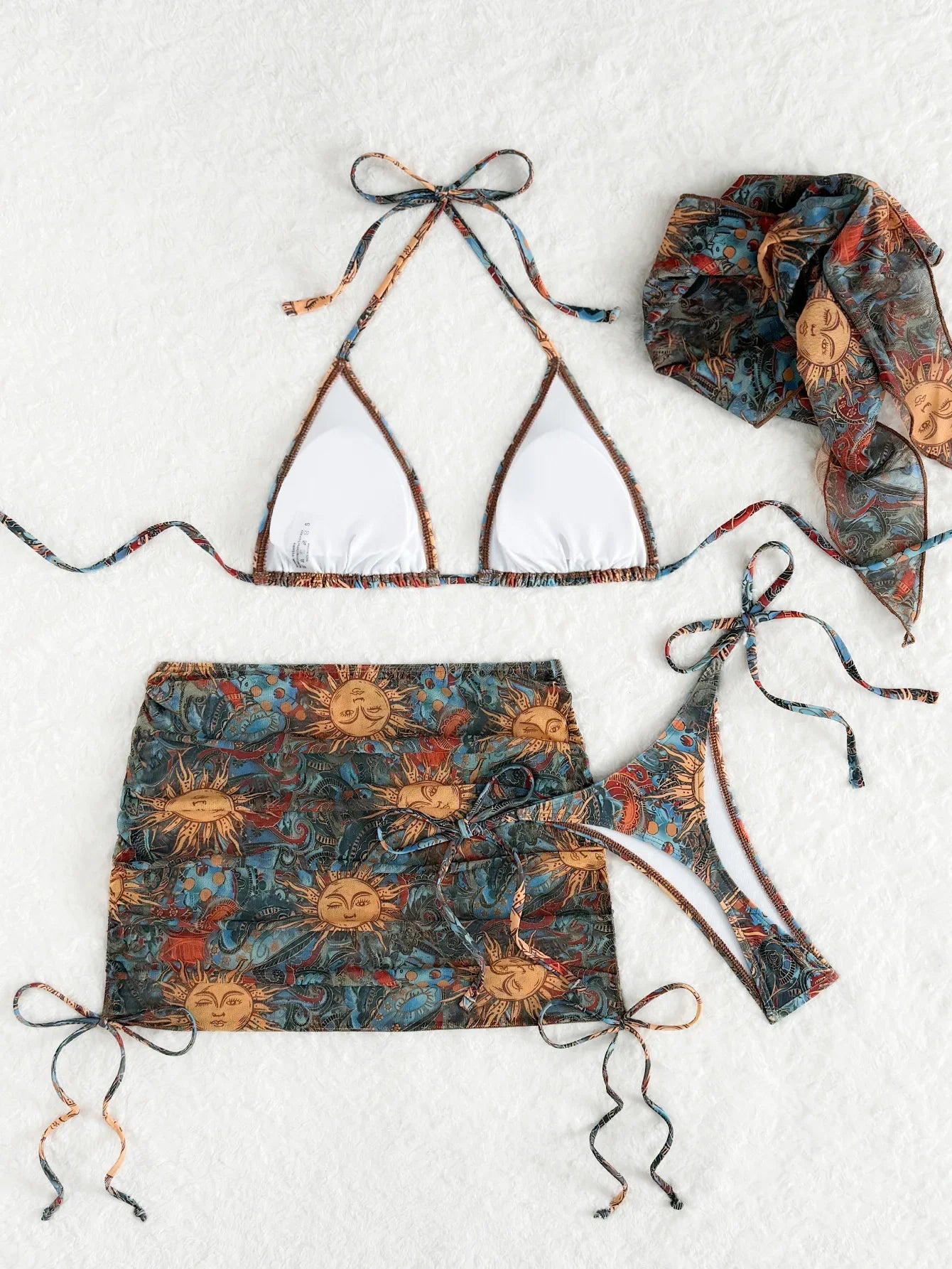 Sexy Abstract Sun Print Bikini Set 2025 Women Push Up Bra Mesh Skirt 4 Piece Swimsuit Summer Bathing Suit Holiday Swimwear