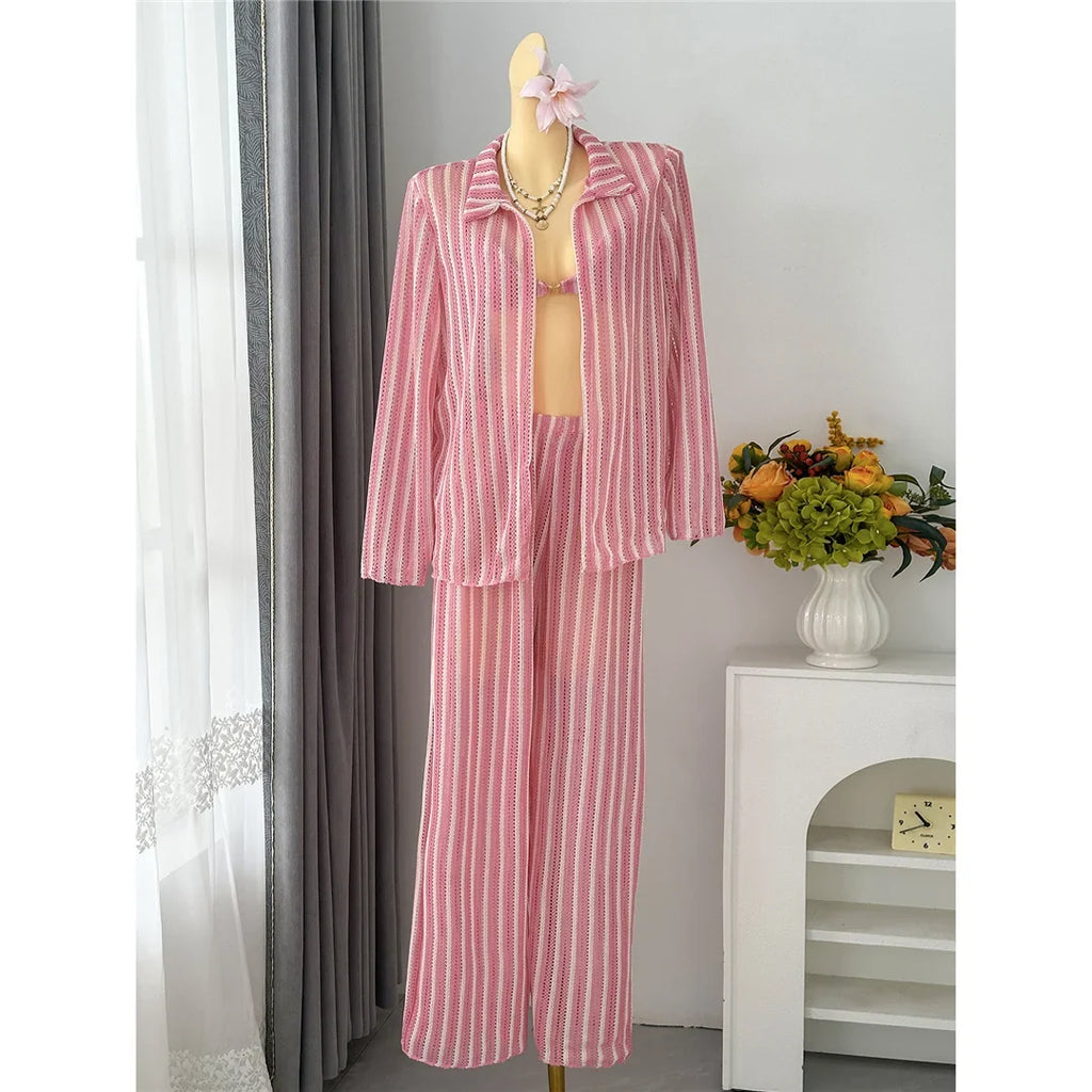 4PCS Striped With Long Sleeve Pants Bikini Female Swimsuit Women Swimwear Bather Bathing Suit Swim Four-pieces Bikini set K8072