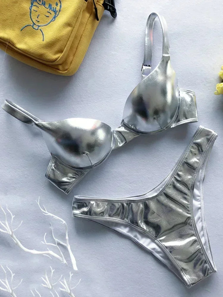 Shiny PU Faux Leather Bikini Women Swimsuit Female Swimwear Two-pieces Bikini Set Underwired Bra Cup Bikinis Bathing Suit Swim