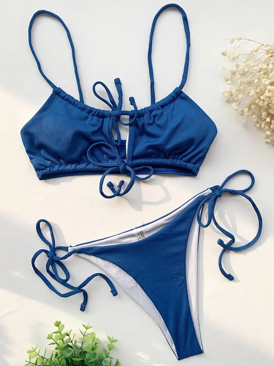 Sexy Strappy Lace Up Ribbed Neon Green Bikini Women Swimwear Female Swimsuit Two-piece Bikini set Hollow Out Bathing Suit Swim