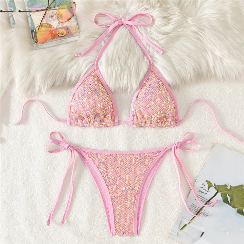 Pink Mesh Sequin Halter String Triangle Bikini Damen Micro Thong Sexy Swimsuit Women 2026 Bathing Suits Swimwear Bikinis Sets