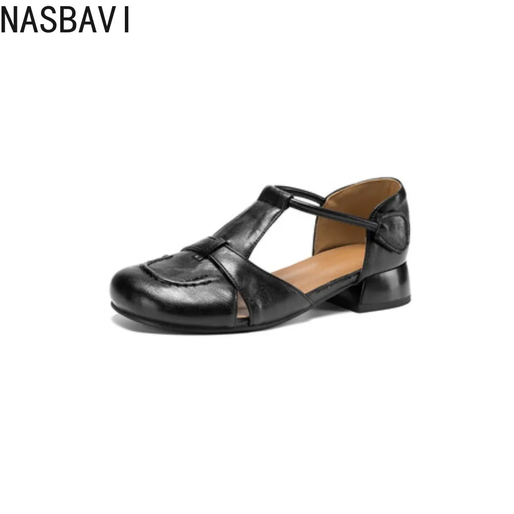 French Slip-on Single Shoes Retro British Shoes for Women Brown T-Strap Shallow Flat Sandals Soft Leather Rome  Summer New 32-43