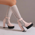 Plus Size Mesh Fabric Splicing PU High Socks Boots Ankle Buckle Ultra Thick Heel Back Zipper Breathable Summer Knee High Boots