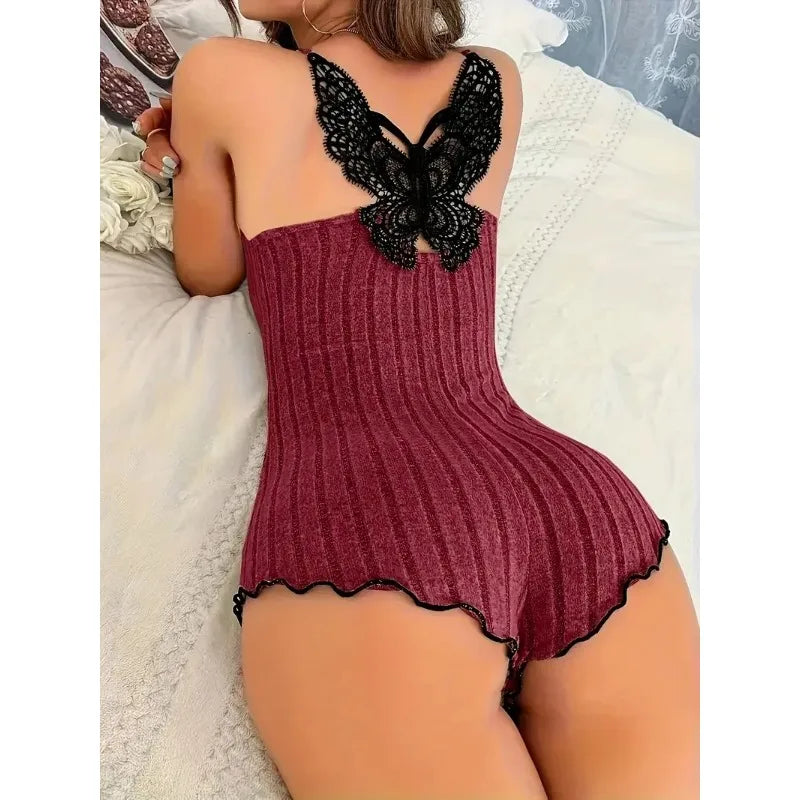 Women's Ribbed Lace Trim Cami Romper - Spaghetti Strap Backless Sleepwear, Soft Knit Lingerie Bodysuit for Sweet & Cozy Nights