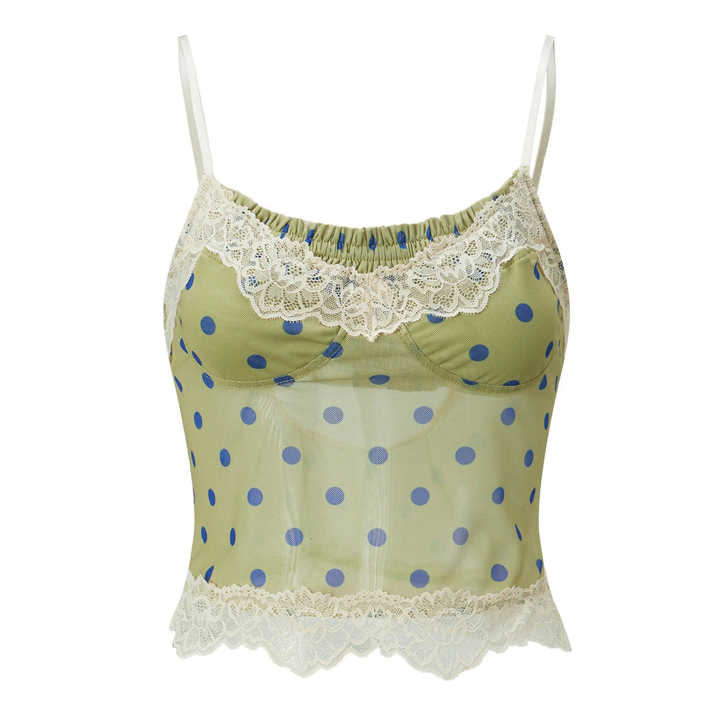 Women Fashion Dot Print Lace Patchwork Crop Tops Summer Slim Camisole Spaghetti Strap Mesh Tank Tops Streetwear