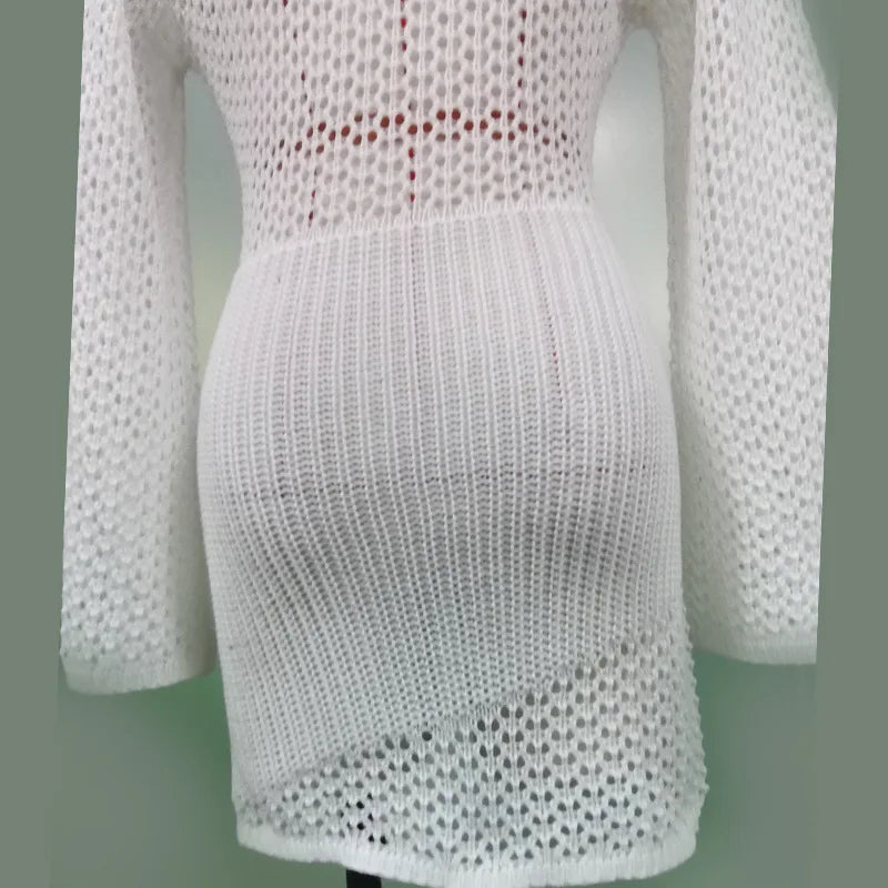 2026 Bikini Cover-up Beach White Crochet Tunic Knitted Summer Bodycon Mini Dress See Through Hollow Out Sexy Women Cover Up