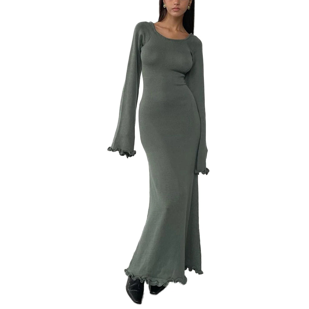 Women's Autumn Winter Knitted Bodycon Dress Long Sleeve Tie Backless Round Neck Solid Color Ruffle Trim Long Dress Beachwear