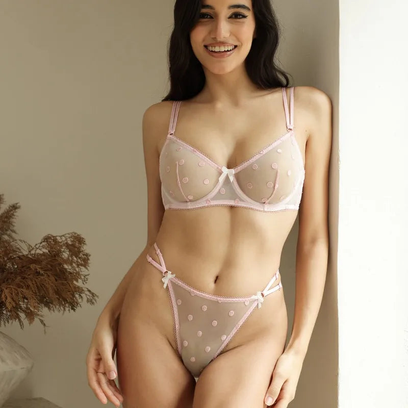 Elegant French Lingerie Set Sexy Lace Dotted Mesh Bra, Ultra Thin Large Bust Minimizer Push Up Anti Sagging Comfort MOYISU 32-38