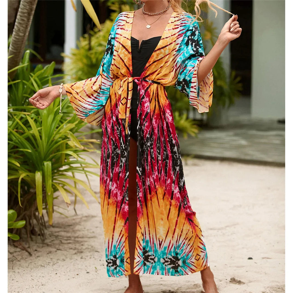 13 Colors Printed With Belt Crochet Knitted Tunic Beach Dress Beach Wear Beachwear Beach Cover Up Cover-upsFemale Women V7201