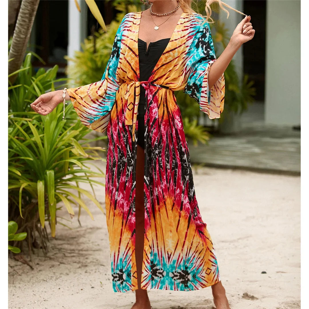 13 Colors Printed With Belt Crochet Knitted Tunic Beach Dress Beach Wear Beachwear Beach Cover Up Cover-upsFemale Women V7201