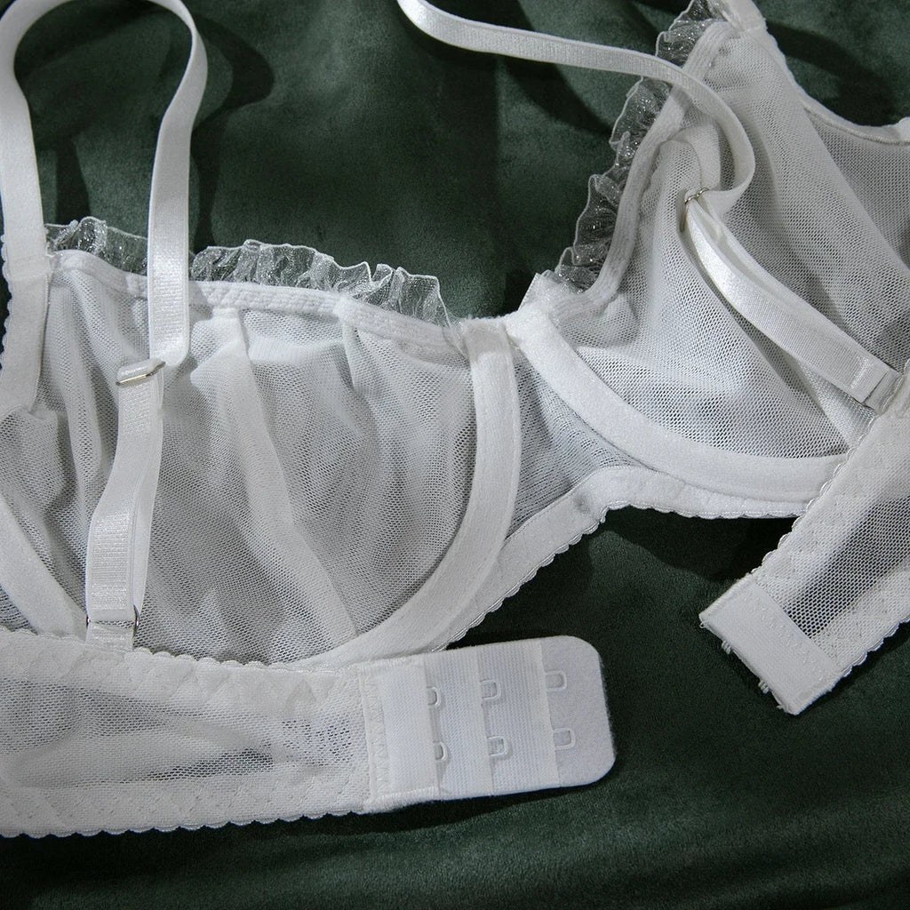 2Pcs Bra & Brief Set for Women Sexy White Ruffle Mesh Perspective Bow Patchwork Bra Bilizna Set Underwear Ultra Thin Intimate