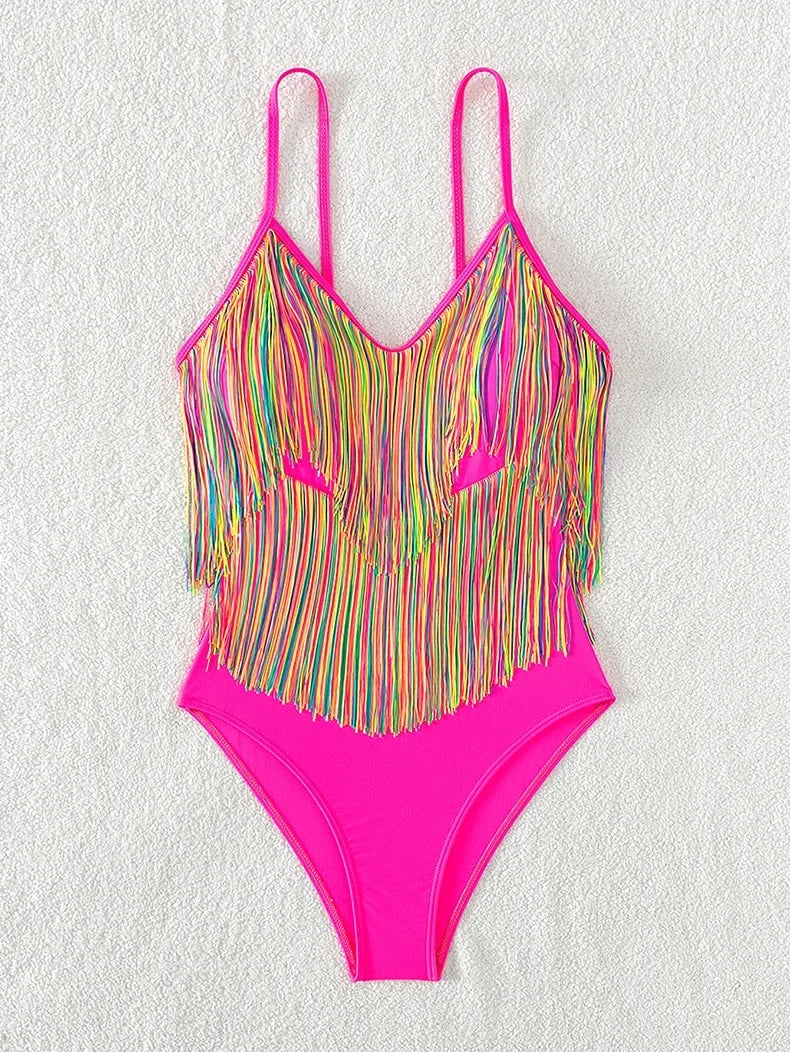Colorful Tassel One Piece Swimsuit Women Sexy Hot Pink Push Up Tummy Control Swimwear Beach Backless Bathing Suit Monokini 2024