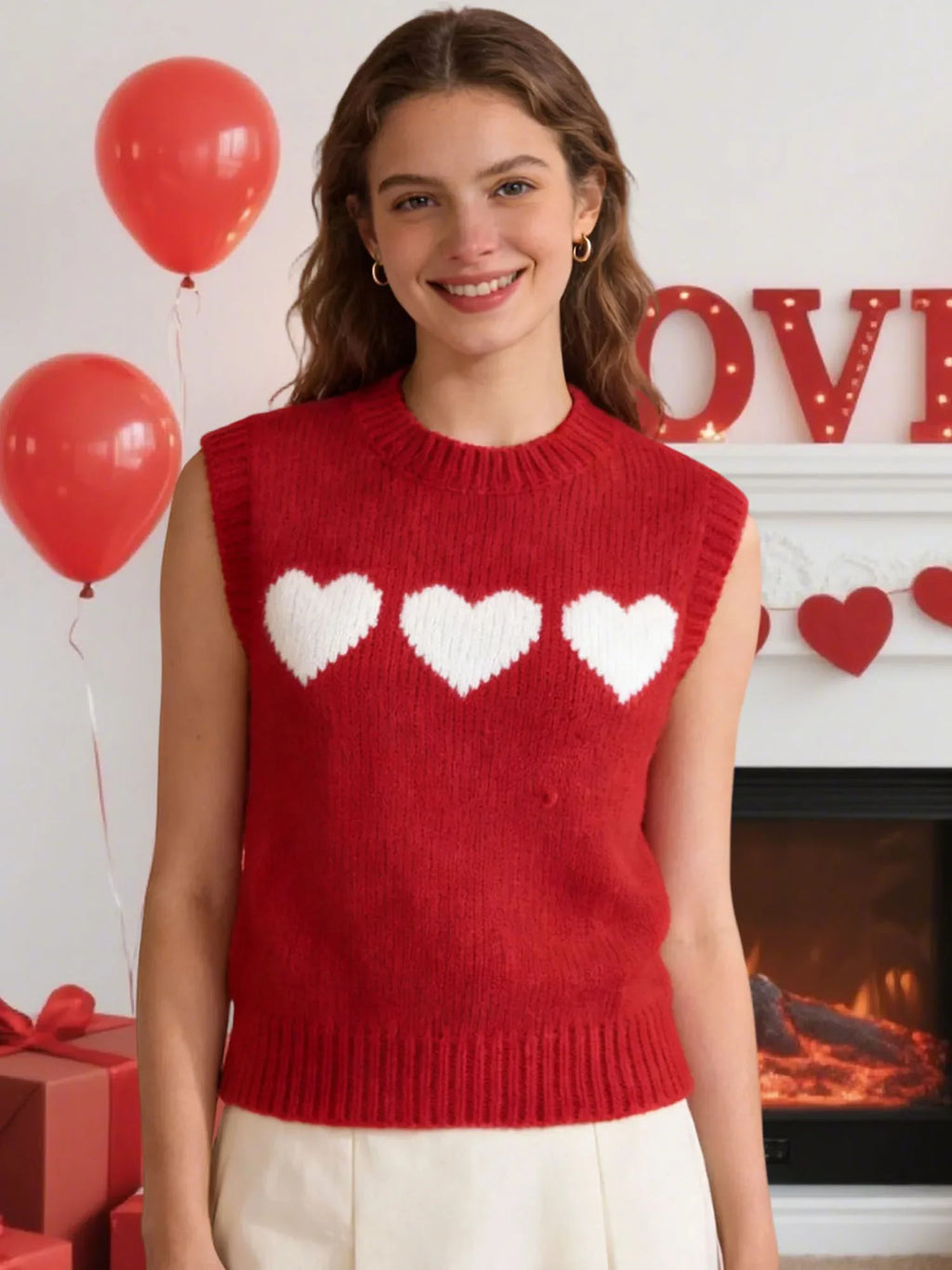 Women 2026 Sleeveless Crew Neck Pullover Fashion Daily Wear Top Cute Heart Print Pink Knitted Vest