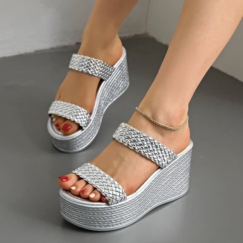 Silver Chunky Platform Slippers for Women 2026 Summer Thick Bottom Wedges Sandals Woman Plus Size 45 Woven Beach Sandles Female