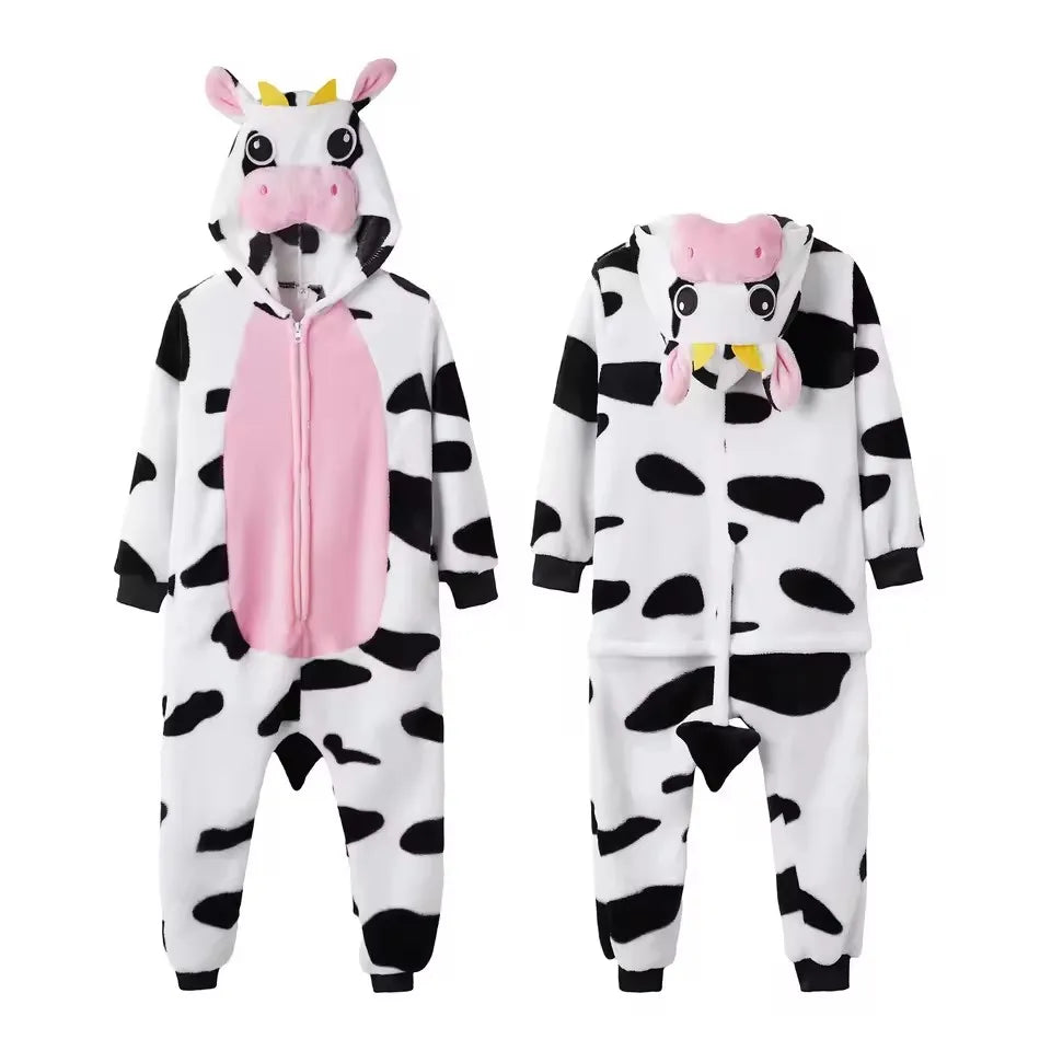 Halloween Christmas Cartoon Cow Kigurumi Unicorn Pajama Slipper Jumpsuit Women's Cute Zipper Hooded Sleepwear Onesies Winter