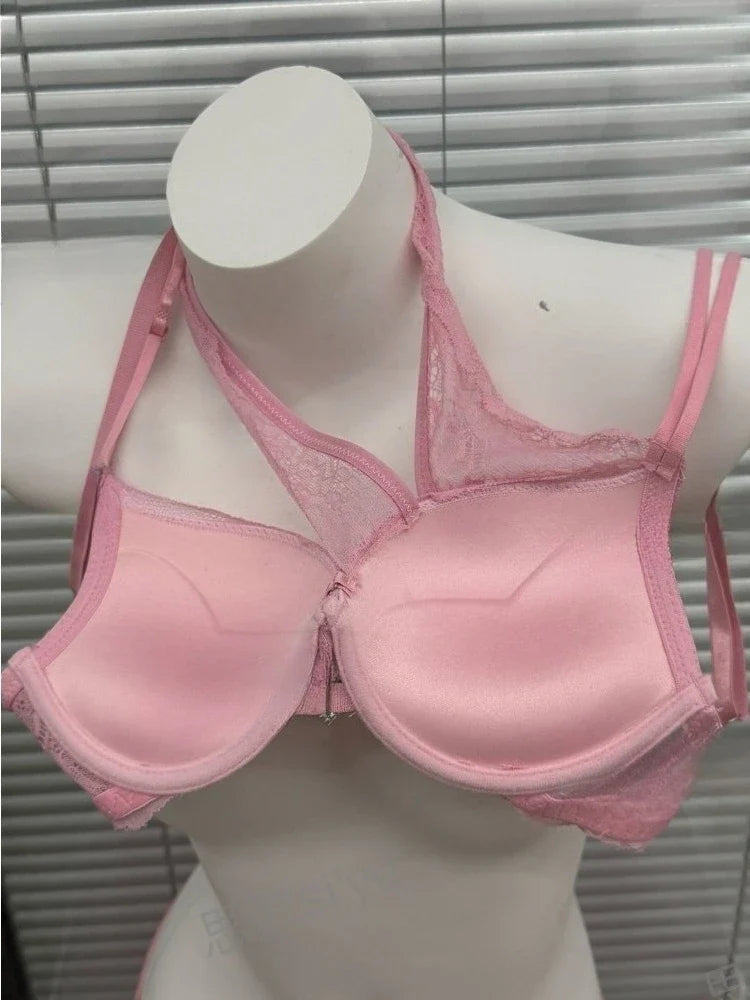 French Style Pure Desire Lingerie Set 3cm Thick Padded Cup Pink Diagonal Strap Nightclub Wear Sexy Bra Panty Set 32-38AB Canada