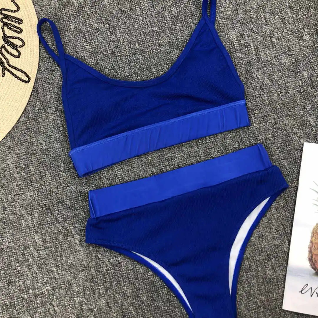S - XL Sexy Female Swimsuit High Waist Bikini Women Swimwear Two-Pieces Bikini Set Bather Ribbed Bathing Suit Swim Lady V2375