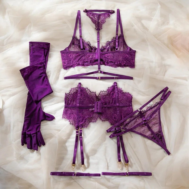 Toucheart Sexy Lingerie Suit for Women Lace Patchwork Halter Bra Set Solid Color Sexy Mesh See-through Garters Underwear Set New