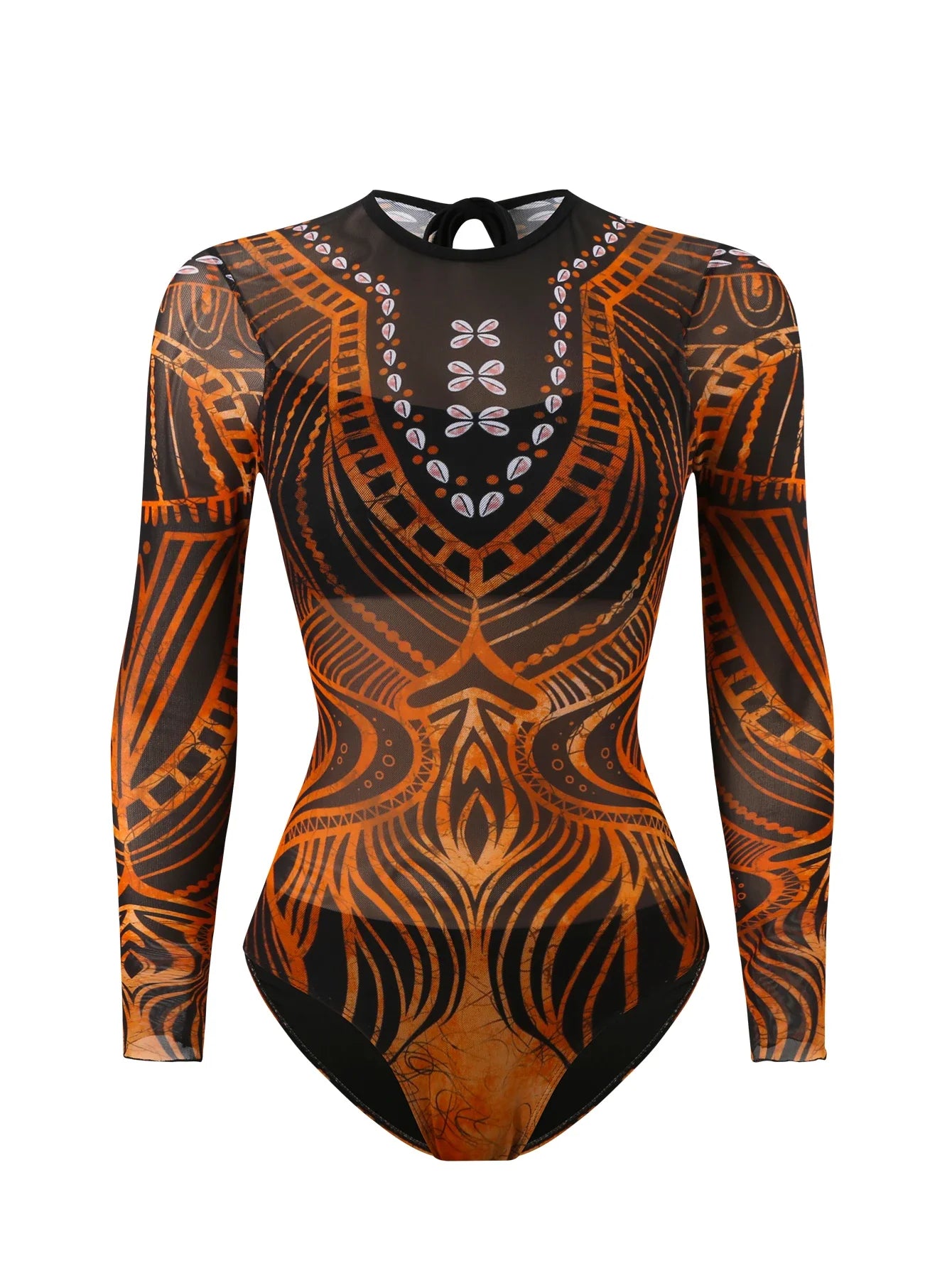 2026 Printed Mesh Swimsuit One Piece & Beach Dress Long Sleeves Swimwear Women Bathing Swimming Swim Suit Padded Beachwear