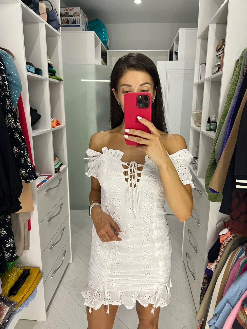 Lace up embriodery white summer dress women hollow out beach short dress puff sleeve ruffle ruched bodycon mini dress vestidos