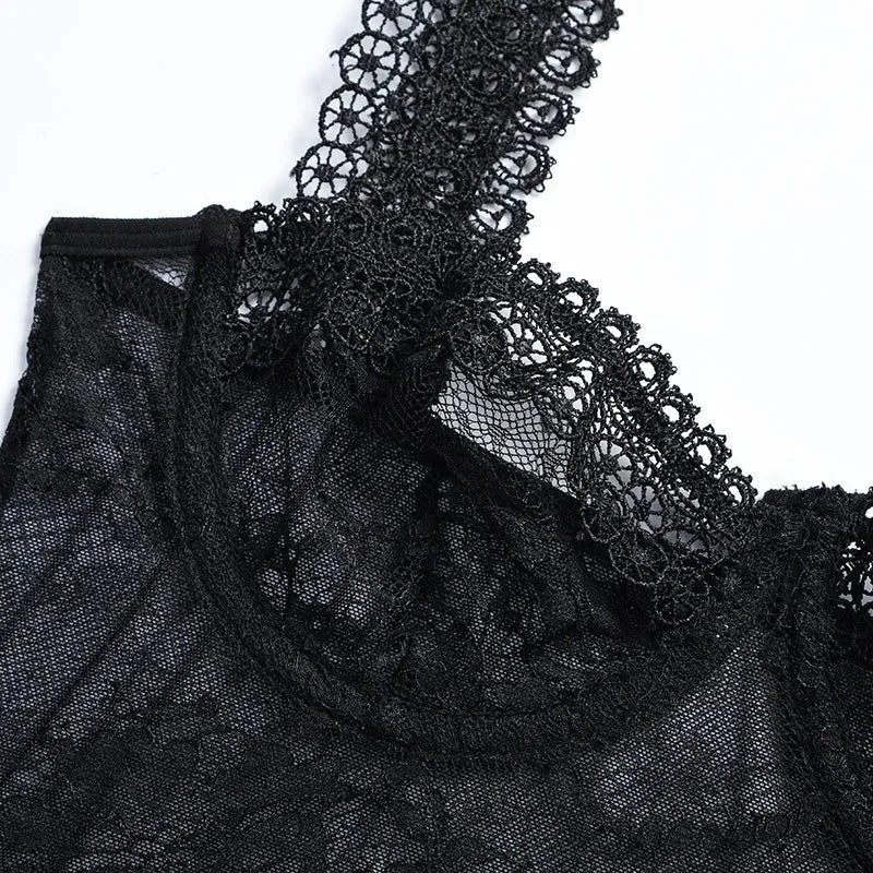 Toucheart Sexy Mesh Patchwork Embroidery Jumpsuit For Women Lace Sling Underwear Solid Color Sexy See-Through Backless Jumpsuit