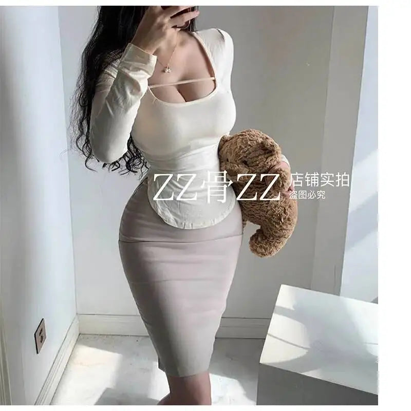 WOMENGAGA Mid Length Skirt For Elegance Apricot Slim Mini Dress Sweet Sexy Korean Women 2023 Skirts High Waist Fashion HGR0