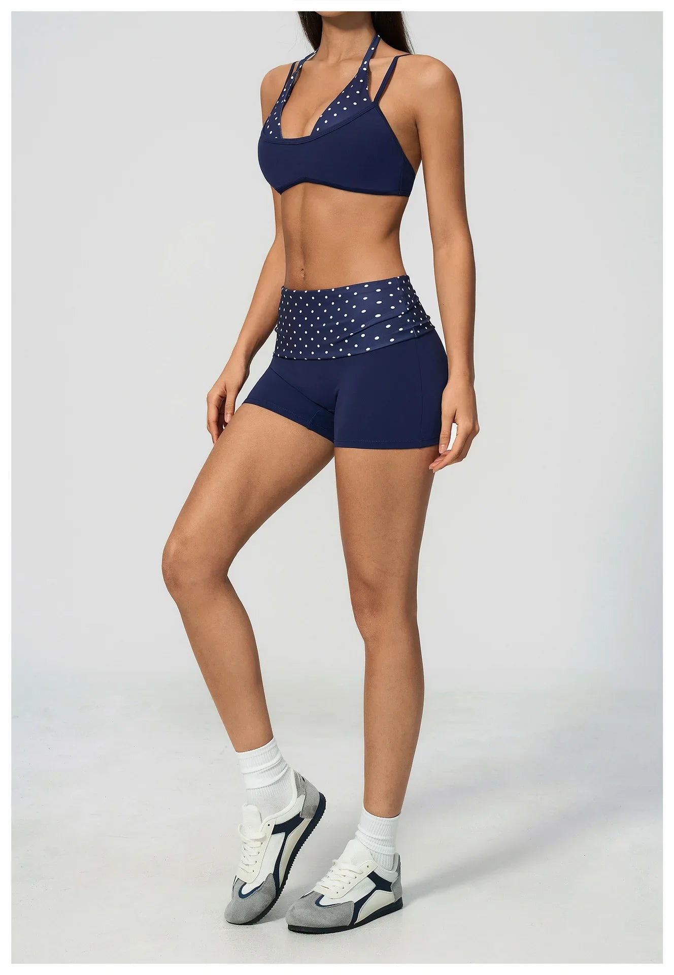 Breathable Striped Patchwork Yoga Clothing Women Fake Two-piece Sports Bra Folding High Waist Shorts Gym Running Fitness Suit