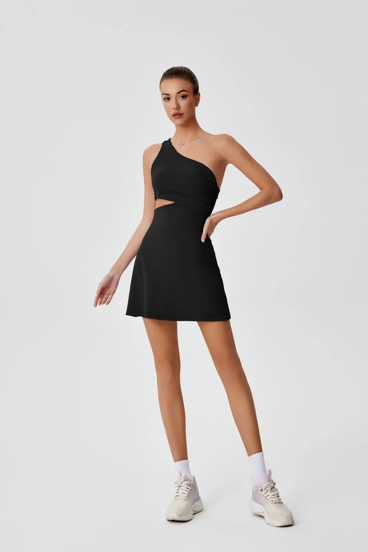 Sexy Hollow Waist Tennis Dress Women One Shoulder Pleate Sleeveless Built in Bra with Inner Separate Shorts Yoga Golf Dresses