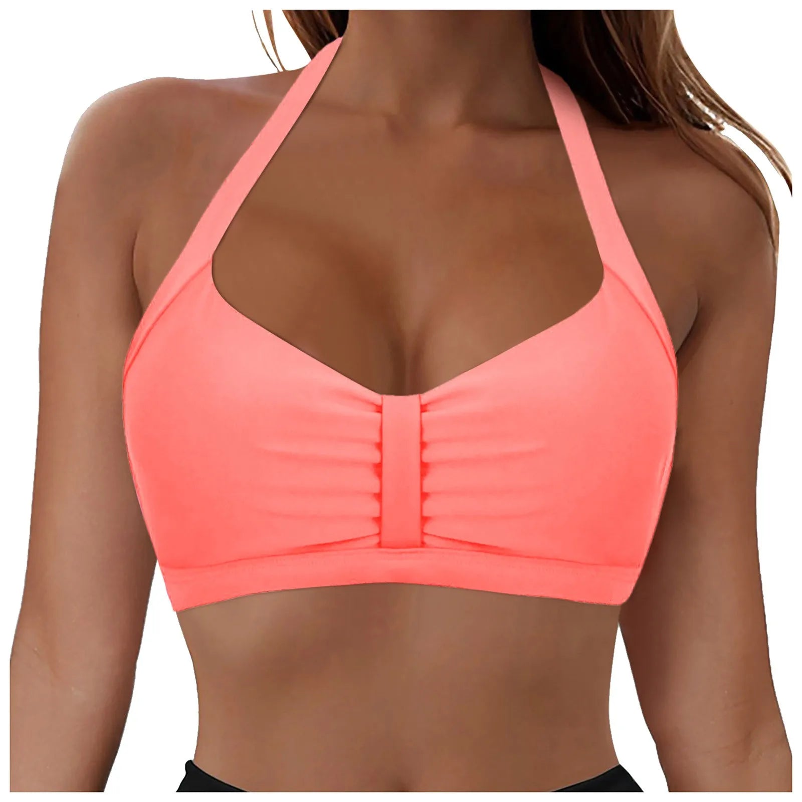 Womens Halter Neck Ruched Bikini Top Padded Push Up Swim Tops Adjustable Tie Back Bathing Suit Top Beach Pool Vacation Swimwear