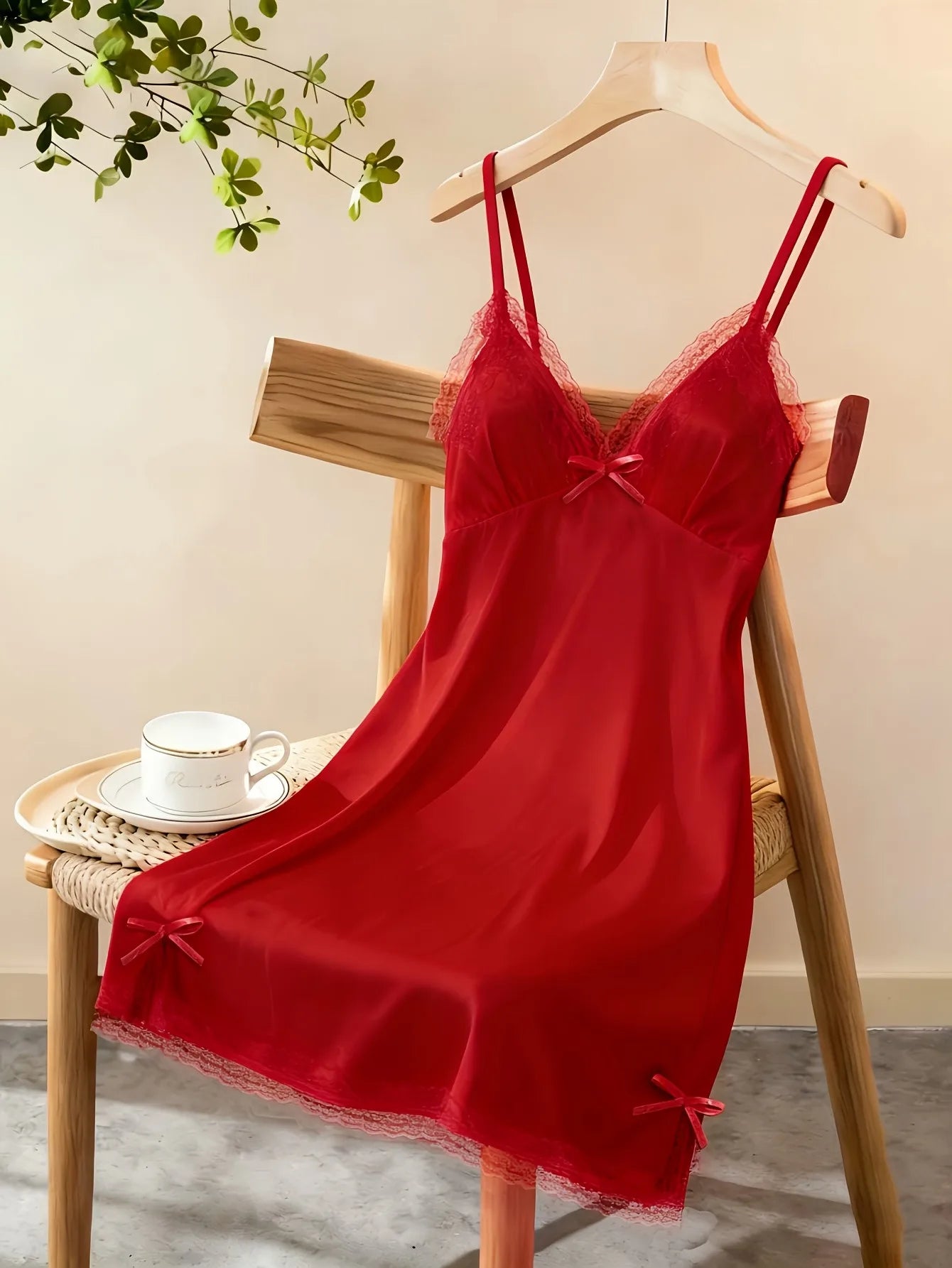 Women Satin Nightdress Lace Trim Slip Dress Spaghetti Strap Silky Nightgown Elegant Sleepwear Home Lingerie