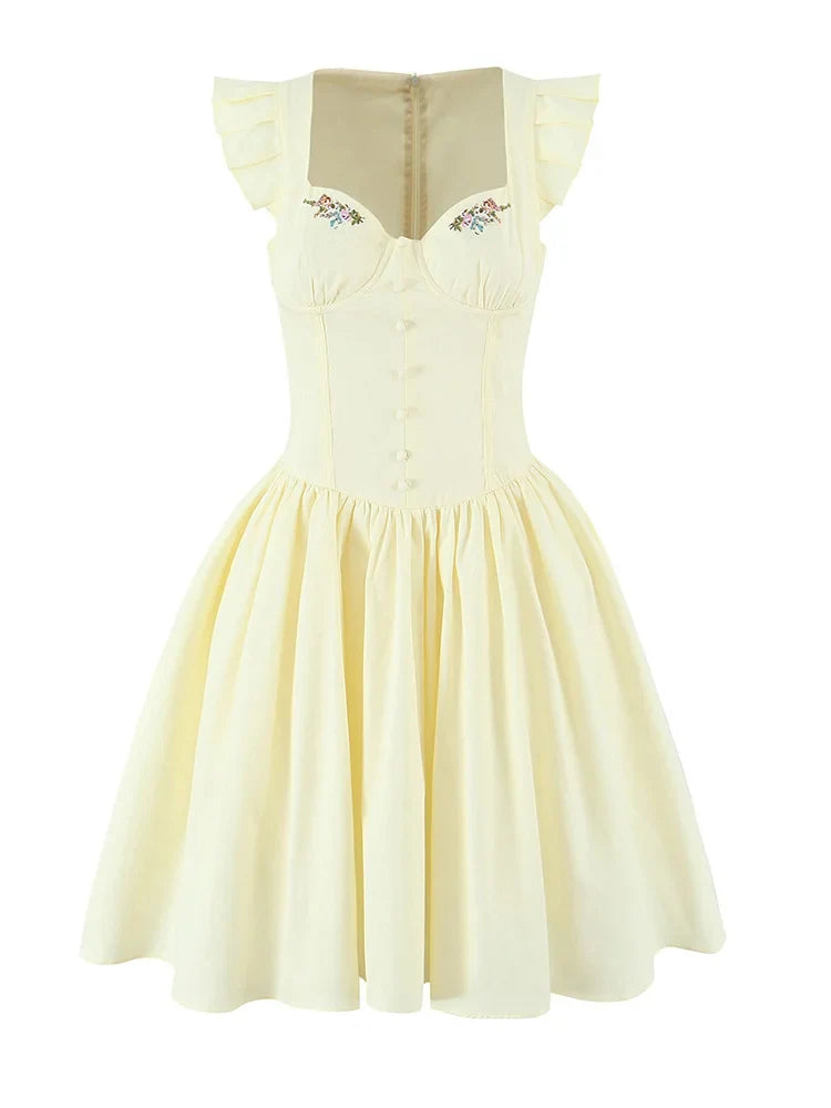 Floral Embroidery Cotton Summer Women's Dress Sleeveless Buttons Decor Short Mini Dress Elegant Yellow A-line New in Dress 2025